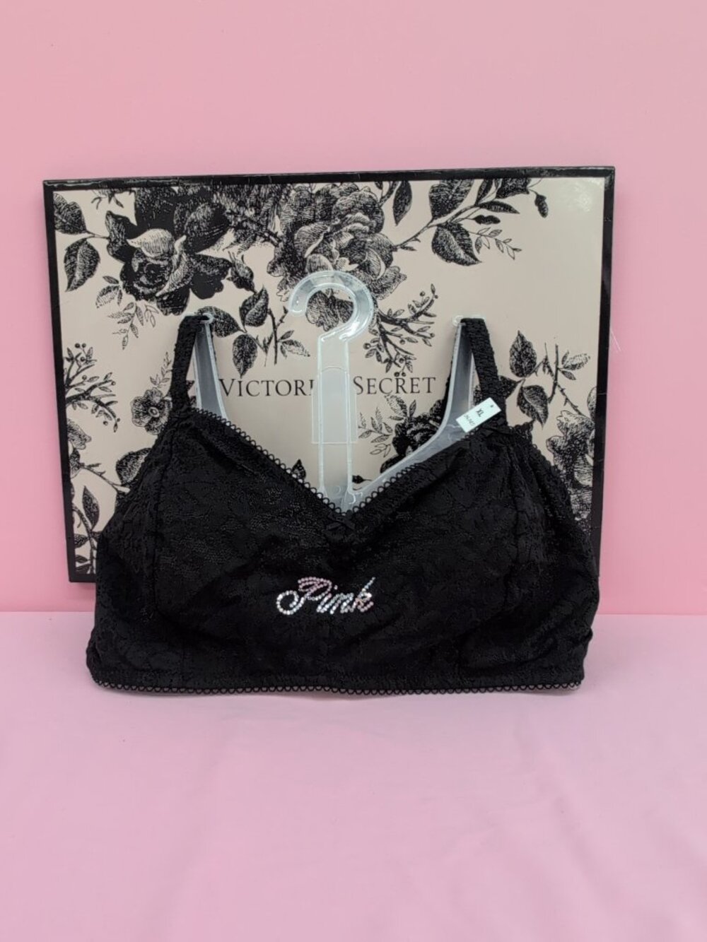 Victoria's Secret PINK Bling Logo Lace Unlined Bralette Size XL Black NWT